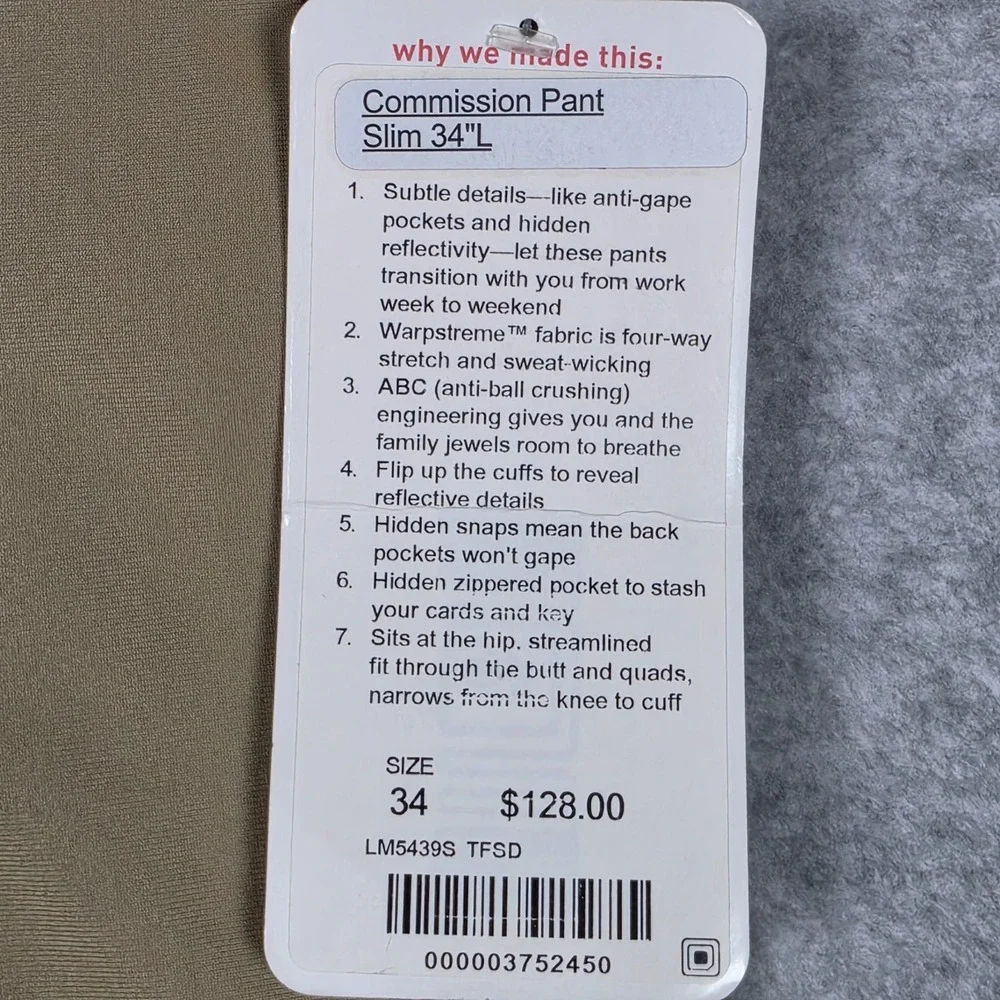 Lululemon Pants Mens 34x31 Light Brown Commission Pant Slim Fit ABC Warpstream